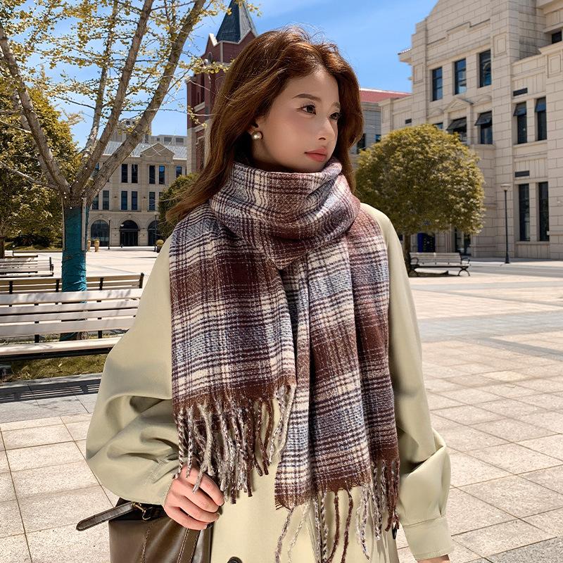 High-end Scarf Women's Winter Long Imitation Cashmere Retro Plaid Shawl Female Student Thickened Scarf To Keep Warm