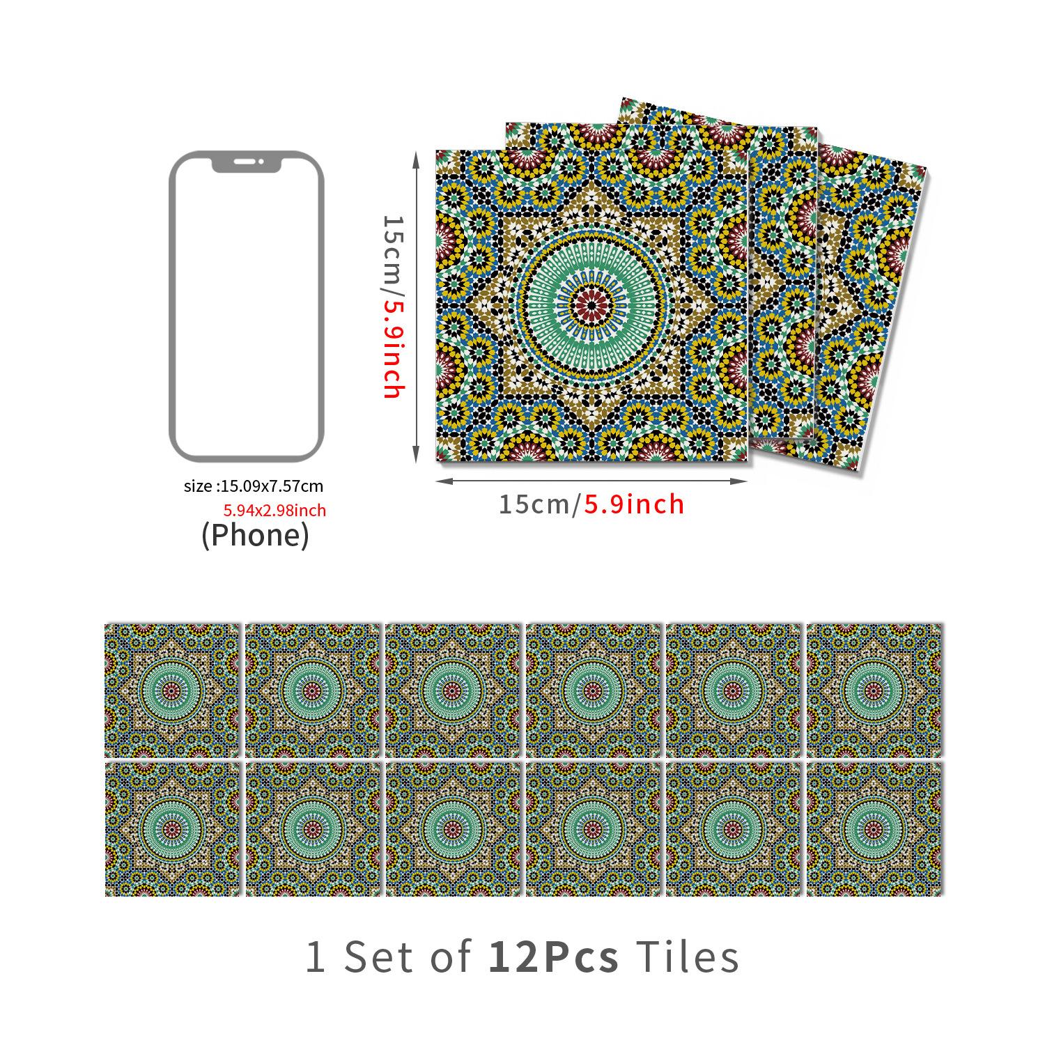 

12/24Pcs Morocco Peel and Stick Wall Panels Oil-Proof PET Mandala Design Waterproof Wallpaper for Kitchen Bedroom Home Decor 15CMx15CMx12PCS