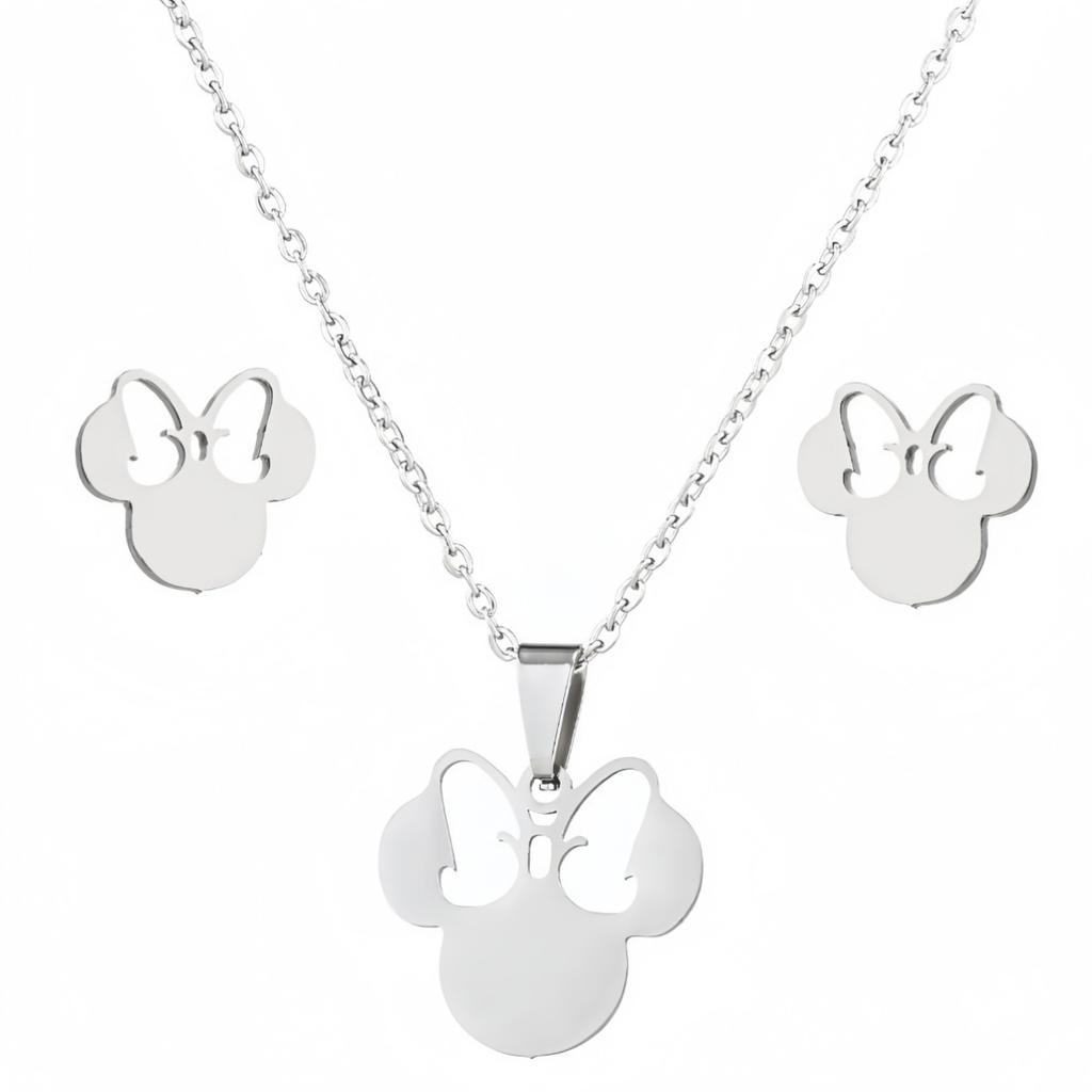 Anime Cute Cartoon Bow Mouse Stainless Steel Zircon Set For Women Wedding Accessories Bride Earrings And Necklace Zircon Set