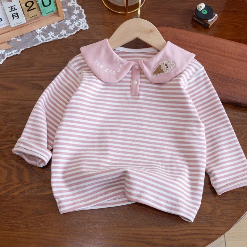 

Детские полосатые топы с вышивкой и кукольным воротником, милые и симпатичные повседневные топы свободного кроя с длинным рукавом для весны и осени 140 розовый