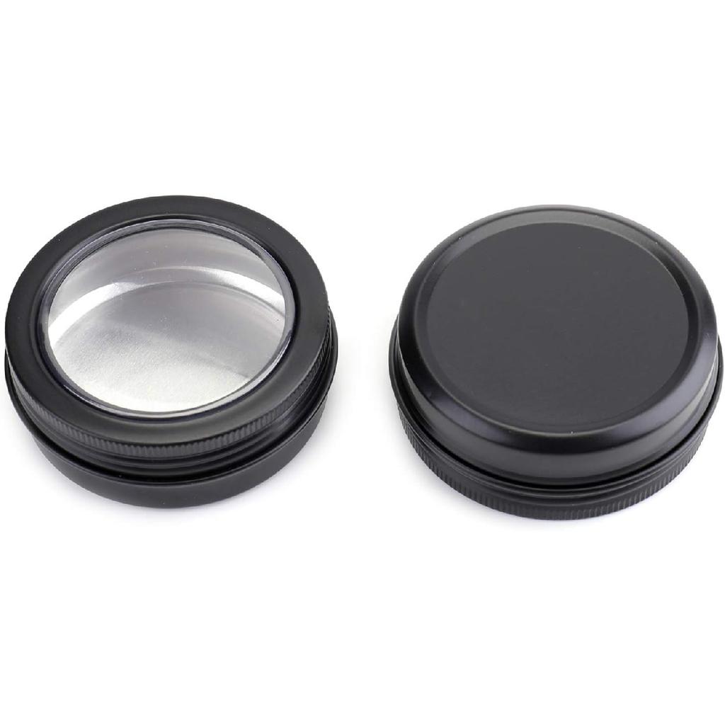 Foraineam 40 Pack 2 Ounce Round Tins Screw Lid Containers with Clear Window Matte Black Metal Empty Tin Cans Aluminum Travel Storage Jars for