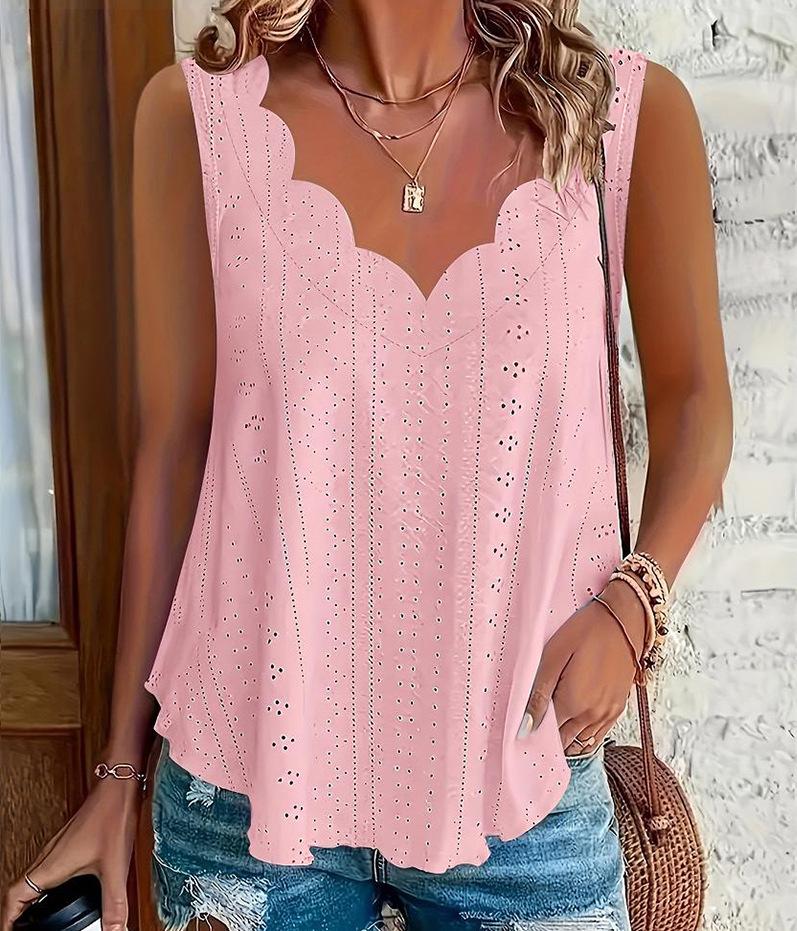 1116 spring and summer new fashion summer large size casual solid color scallop edge V-neck