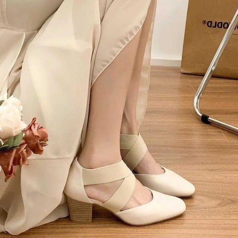 

Fashion 2025Women Pumps French Style Summer Shoes Cross-Tied Sandals Lady Spring Autum Retro Pumps Thick Heel Round Toe 35 грязно-белый