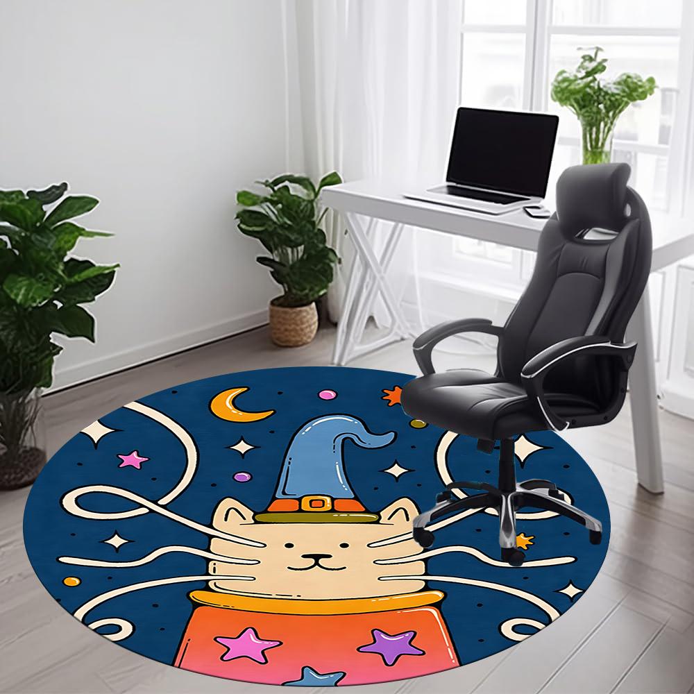 1pc Witch Cat Office Round Area Rug, Indoor Mat Suitable ForOffice, Under Office Chairs Bedroom Living Room Home Decor, Room Deco q044