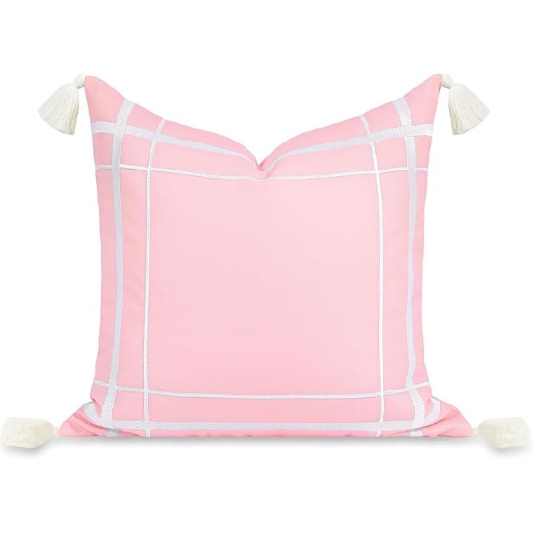 Hofdeco Premium Coastal Patio Indoor Outdoor Scalloped Lumbar Pillow Cover Only, 12"x20" Water Repellent for Backyard, Couch, Green Embroidered