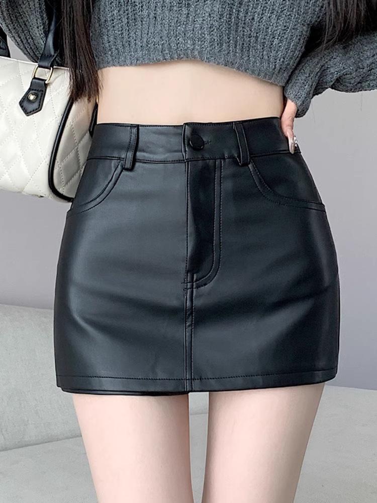 

Black PU Midi Skirt: High Waist Textured A-line Bodycon Leather Skirt, Hot Girl Super Short, 2025 Spring Collection. S
