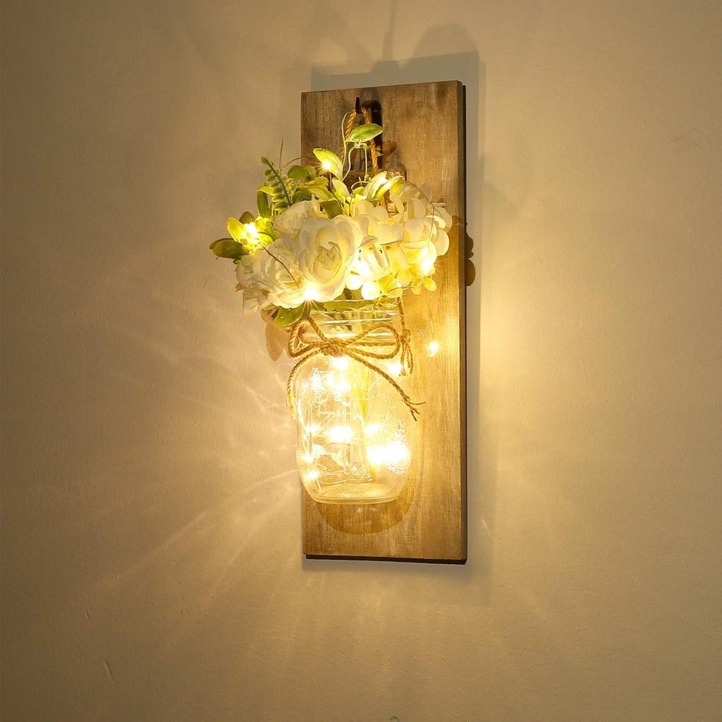 1 Set Modern Farmhouse Wall Decor, Rustic Wall Art Living Room Decor with Led Fairy Lights and Rose Flowers, Country Home Decor Gifts
