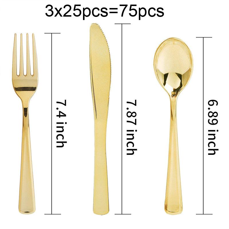 75pcs Gold Plastic Silverware- Disposable Gold Glitter Plastic Cutlery- Plastic Flatware Includes 25 Forks, 25 Spoons, 25 Knives