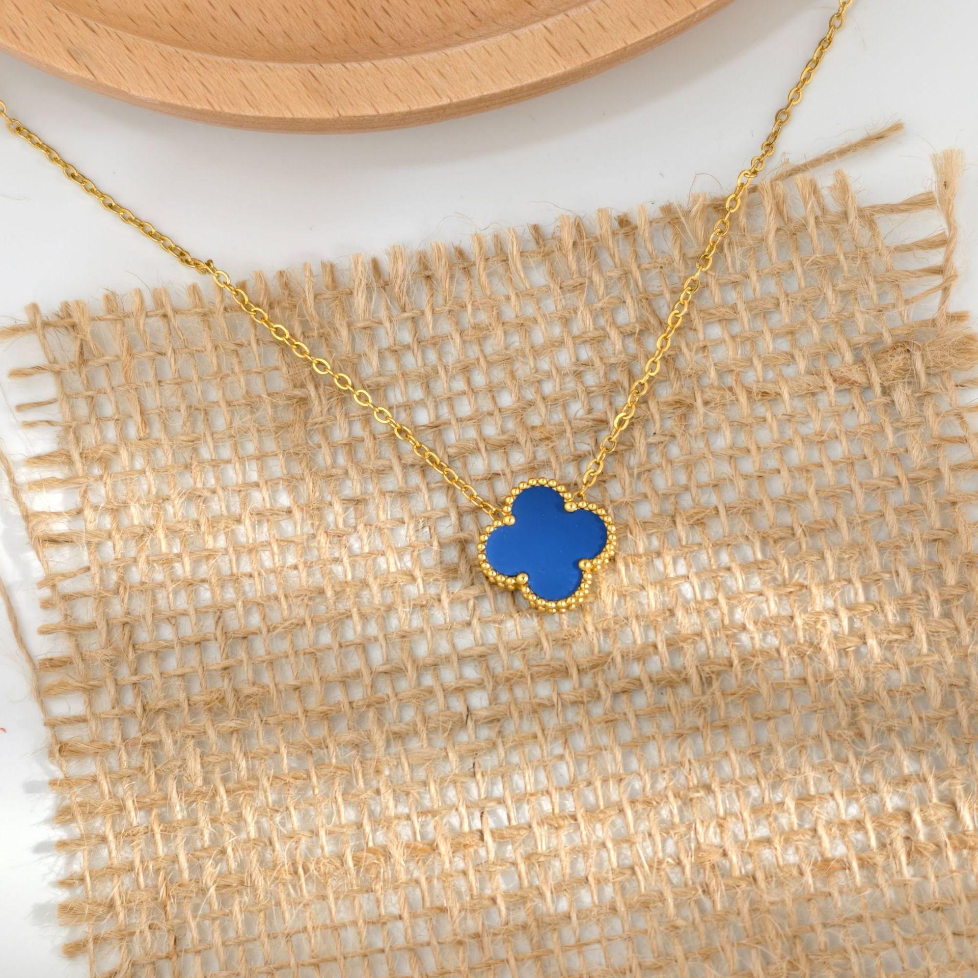 

15 мм Новое двухстороннее ожерелье с подвеской в виде четырехлистного клевера на удачу, цепочка на ключицу, женское ожерелье из высококачественного 18-каратного золота 18K королевский синий