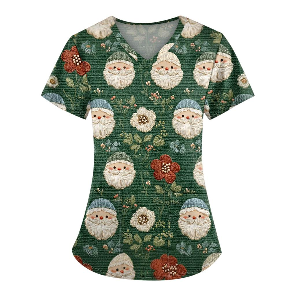 Damen-Bluse mit Weihnachtsdruck, kurzärmelig, V-Ausschnitt, Arbeitstasche