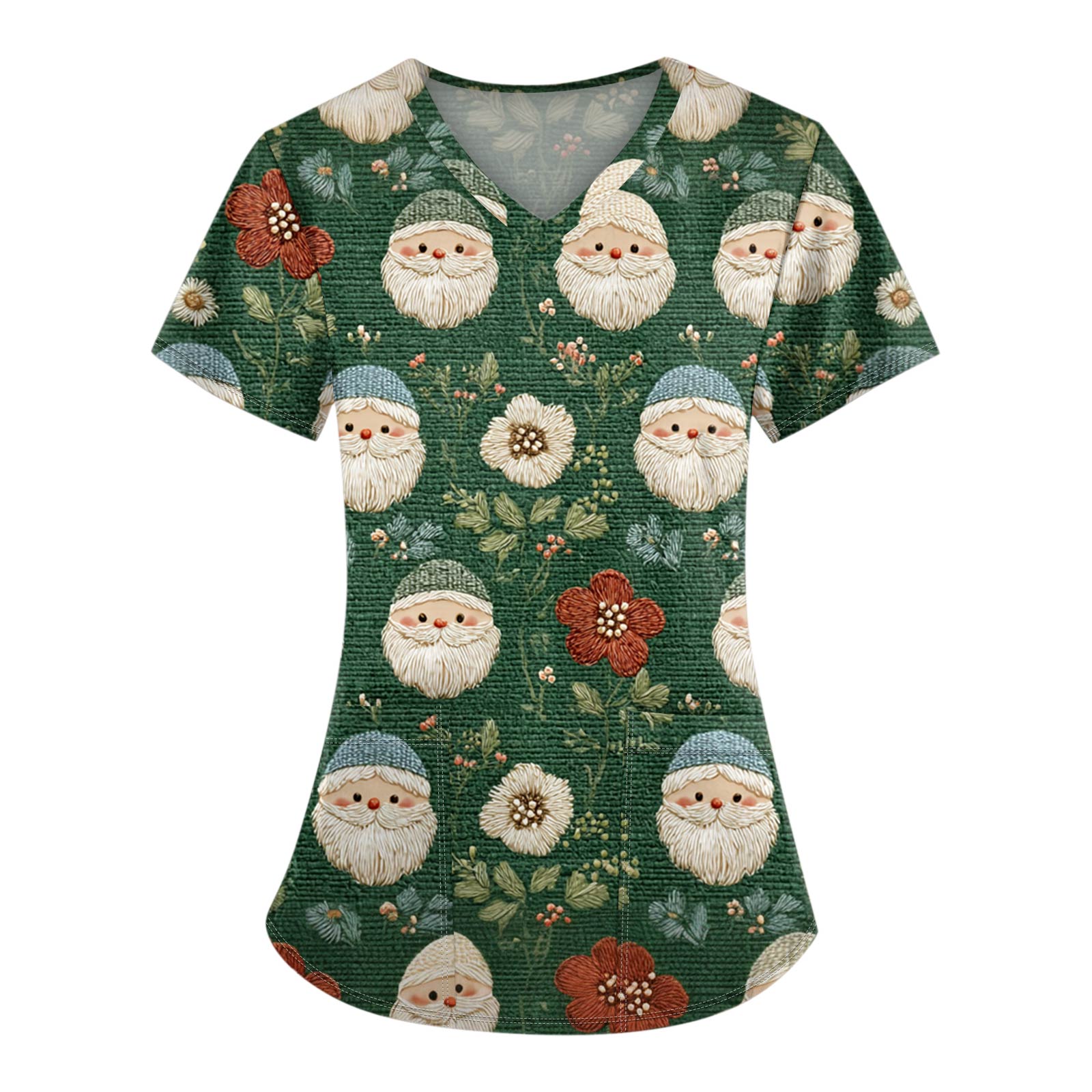 Women s Christmas Printing Short Sleeve V-neck Tops Working Pocket Blouse L