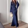 Womens Elegant Blue Long Sleeve Wrap Waist Skirt Set Casual Office Outfit Fall