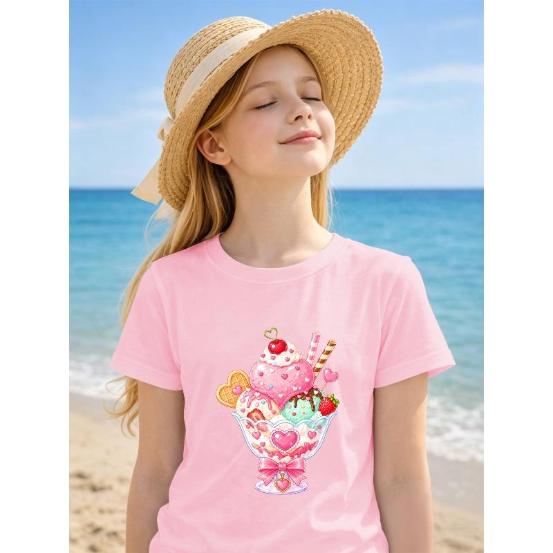 Girls Heart Sundae Ice Cream Print Crewneck Short Sleeve Tee, Soft Breathable Top for School Travel Daily