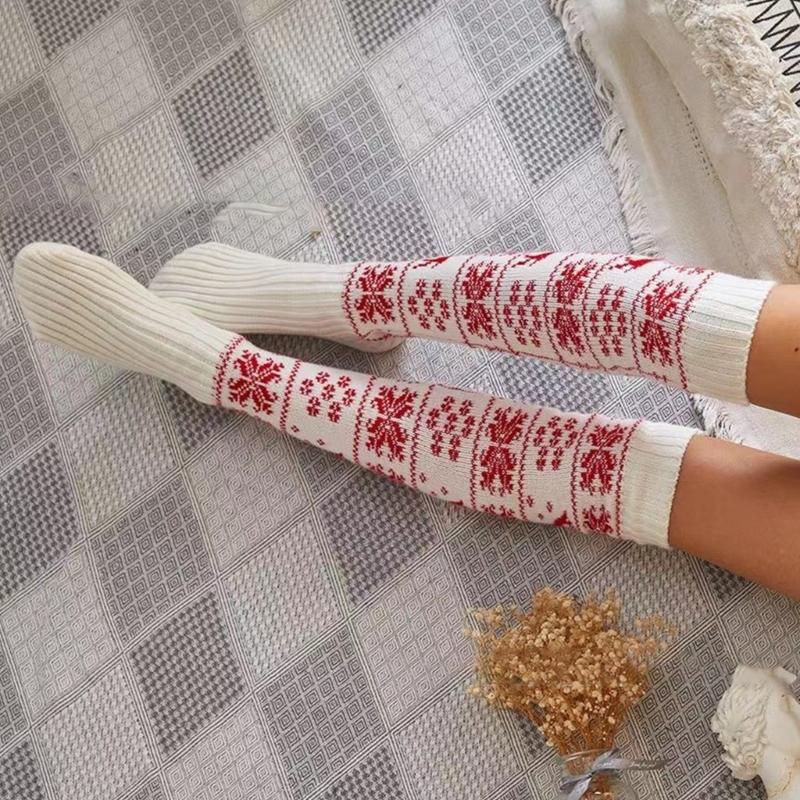 Christmas Festival Patterned Thigh High Socks Womens Winter Fashion Knitted Over Knee Long Stockings Leg Warmers Hosiery