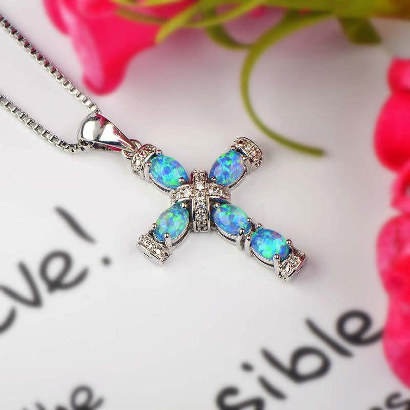 Opal Cross Pendant Necklace Women Copper Chain With White Blue Rose Gold Gemstone 45cm5cm Adjustable Geometric Design