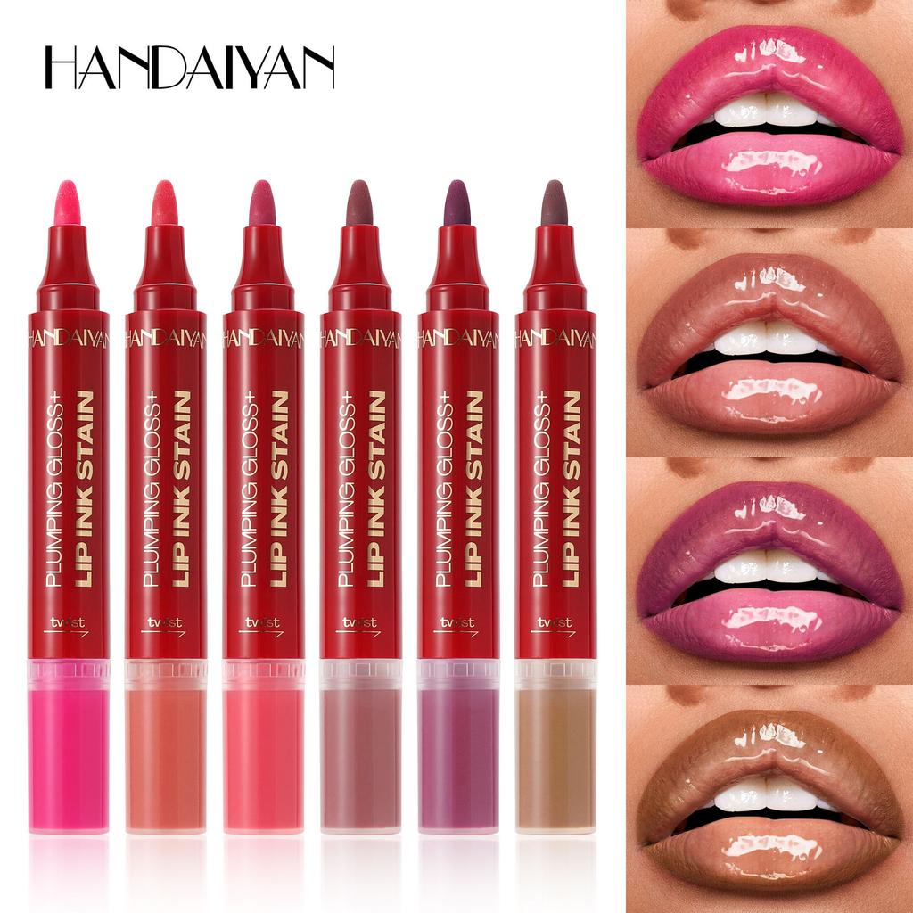 6-Farben Doppelkopf Flüssiger Lippenstift Stift Lipliner Leicht zu Färben Nicht-haftender Becher Mattes Lippenöl Zwei-in-Eins Lippenstift Stift Gesichts-Make-up
