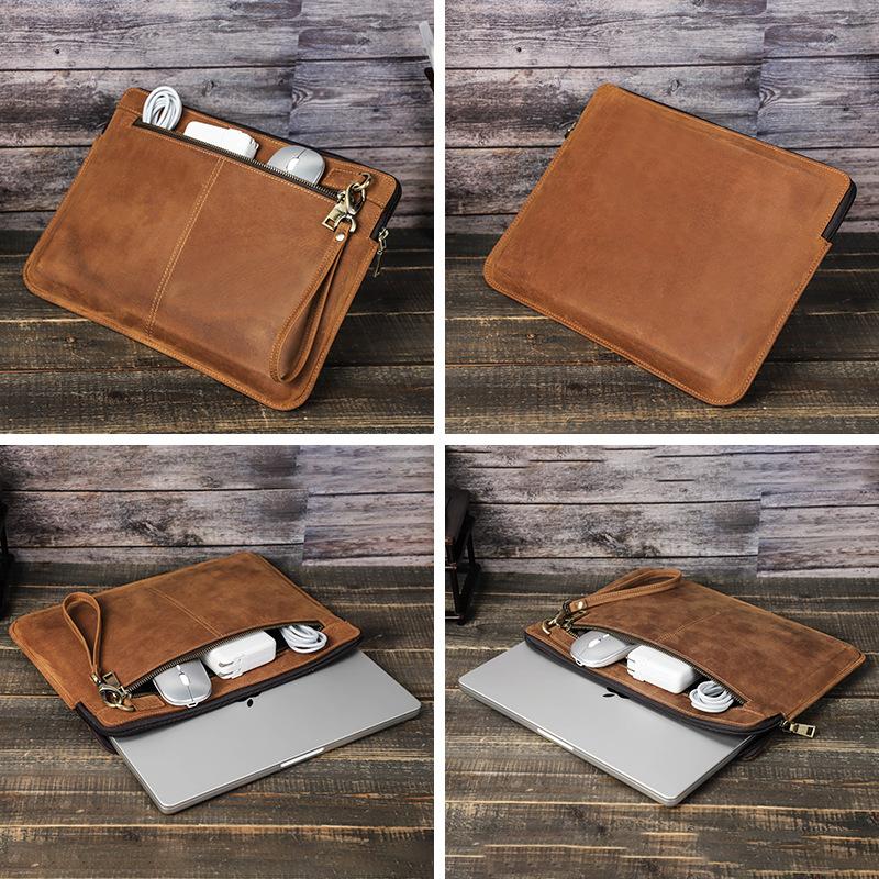 Genuine Leather Laptop Sleeve For MacBook Pro 14 Large Inner Pocket Shockproof