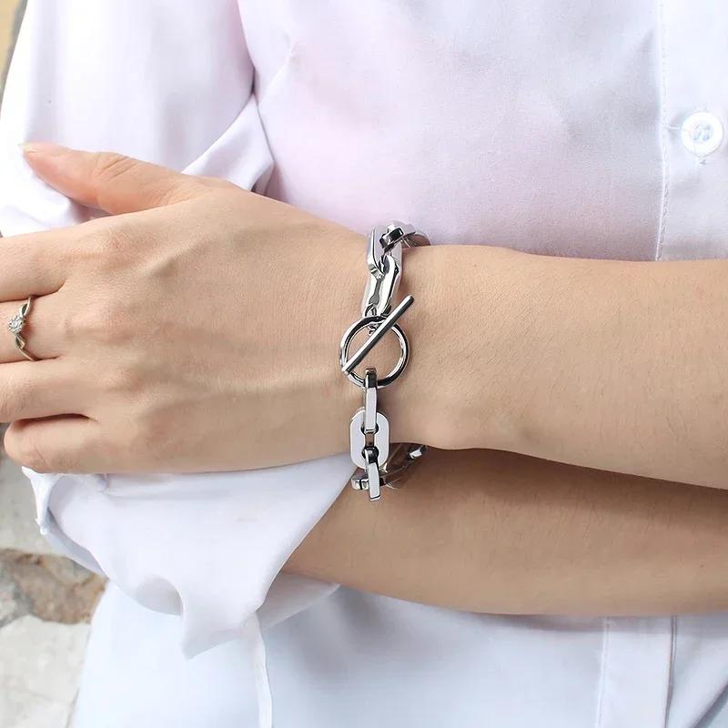 Unisex Punk 316L Stainless Steel Chain Link Bracelets For Women Men T Toggle Round Circle Lock Clasp Exquisite Bangle Bracelets