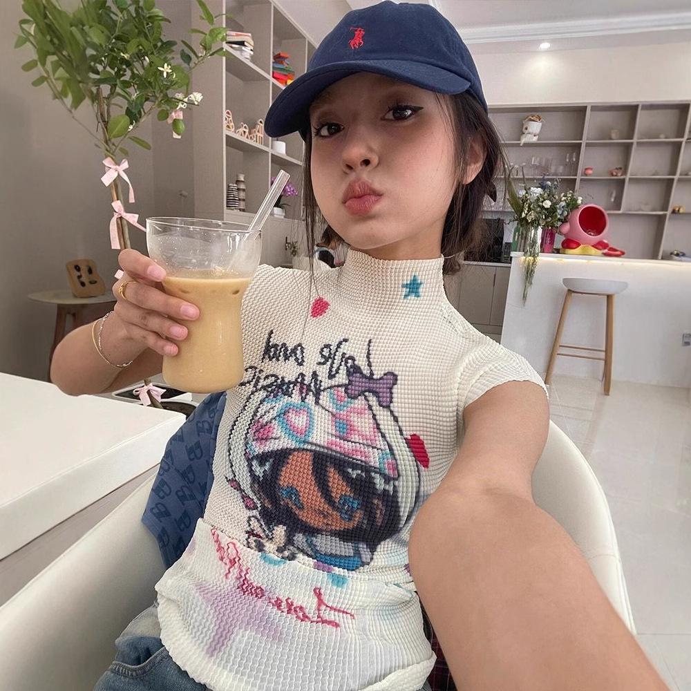 

Women s Summer Graffiti Cartoon Print Ruched Slim Fit T-Shirt M