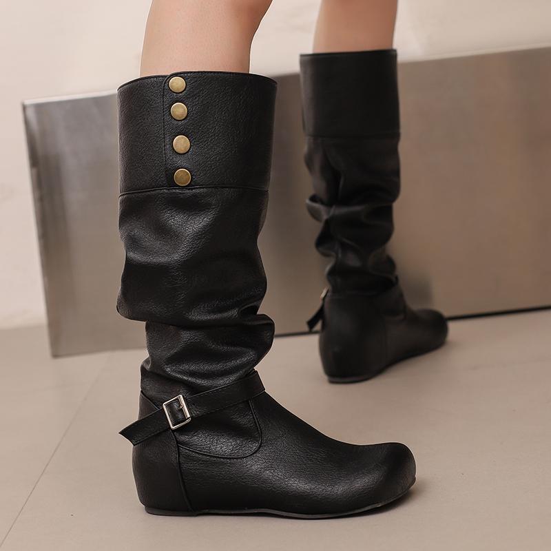 Women's flat-bottomed casual boots autumn and winter new inner height increase solid color large size medium boots