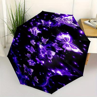 Butterfly, Sparkle Automatic Folding Umbrella  8 Ribs, Durable Iron Frame, Bright Color Pattern Compact Travel Umbrella, Suitable for Outdoo