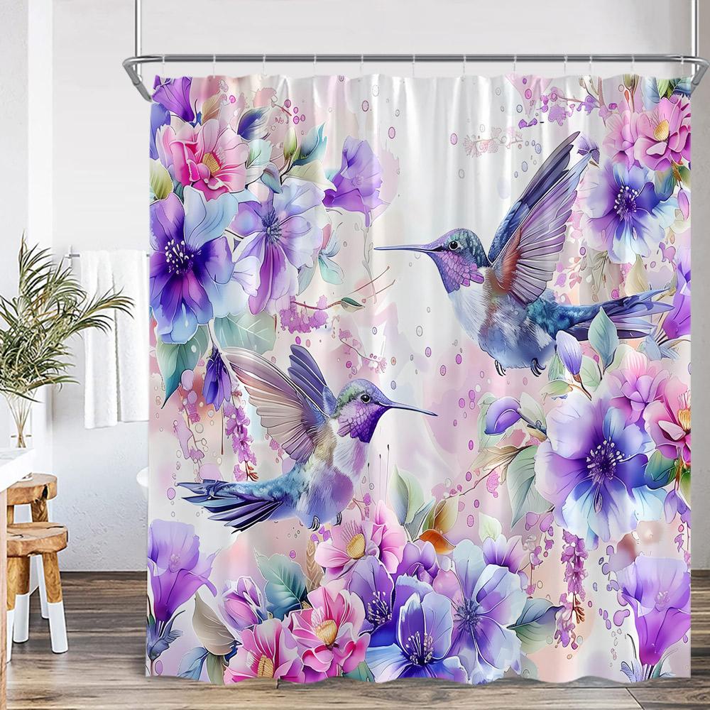 Hummingbird Shower Curtain Bird Animal Flower Floral Plant Classical Bathroom Decor Spring Polyester Bathtub Curtain With Hook