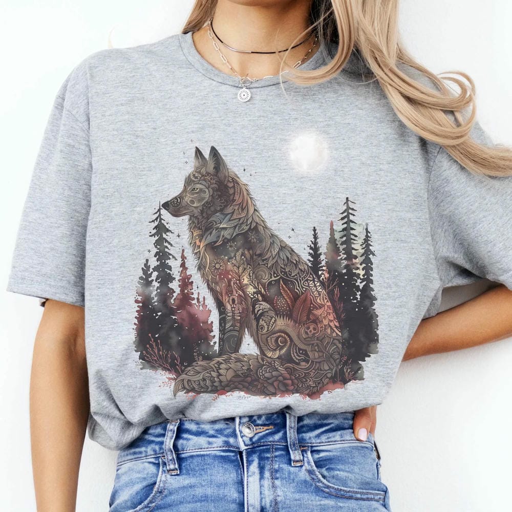 Maanlicht Mystieke Wolf Print T-shirt Vintage Dark Academia Fantasy Y2K Unisex Shirt Casual Korte Mouw Katoenen T-shirt Streetwear