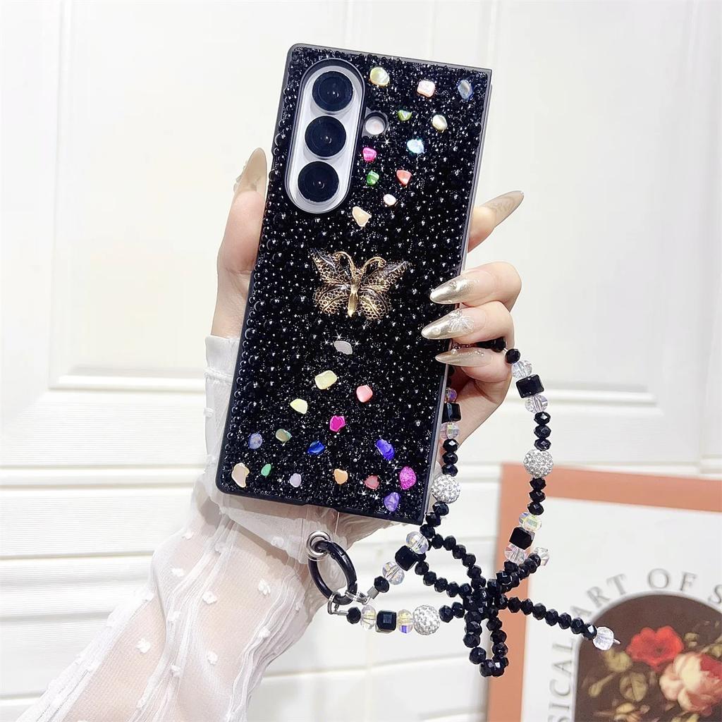Bling Butterfly Bracelet Chain Phone Case for Samsung Galaxy Z Fold 7 6 5 4 Protective Cover with Strap