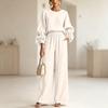 Women's Casual 2 Piece Outfit Set Color Long Sleeve Round Neck Top with Floral Wide Leg Pants