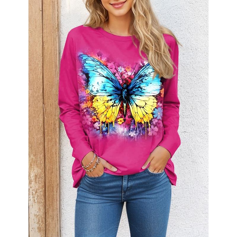 Autumn Women's T-shirt 3D Floral Butterfly Print Fashion Long Sleeve Round Neck Regular Tops Holiday Weekend Spring and Autumn Clothing