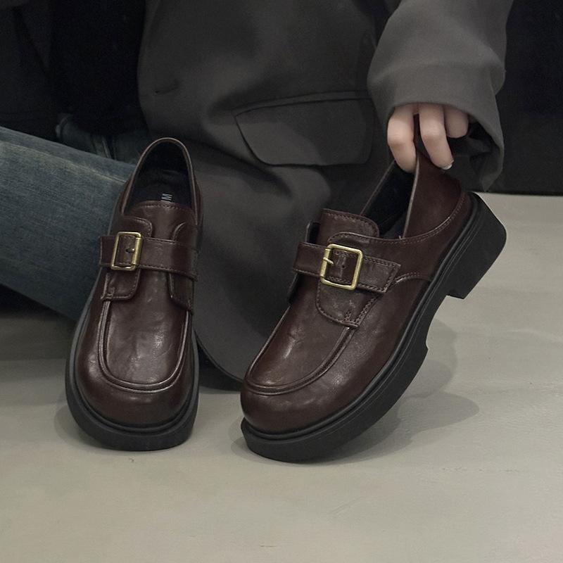 British Style Small Leather Shoes Women's 2025 Autumn New Thick-soled Thick-heeled Uniform Shoes Are Not Tired of Feet, One-word Buckle Loafers