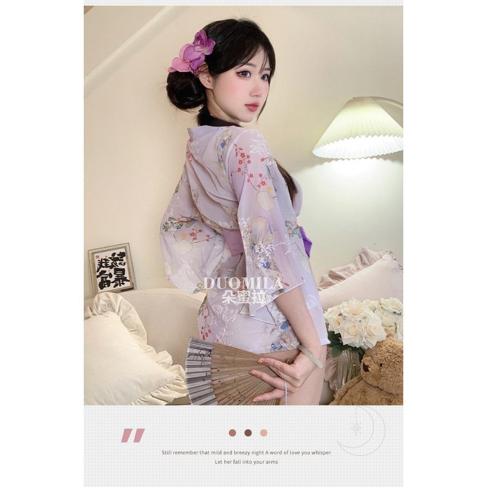 Domila Sexy Underwear Japanese Sexy Cardigan Three-point Chiffon Embroidered Kimono Hot Uniform Women's Suit