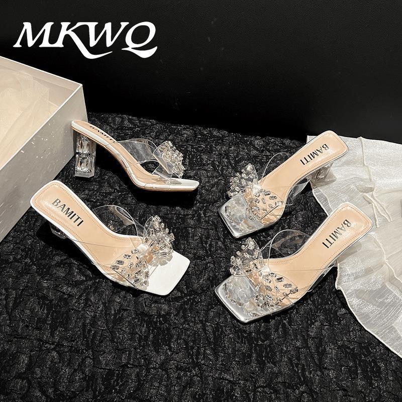 Rhinestone transparent one-word slippers women's summer 2025 new fashion thick heels high heels outer wear square head cool slippers