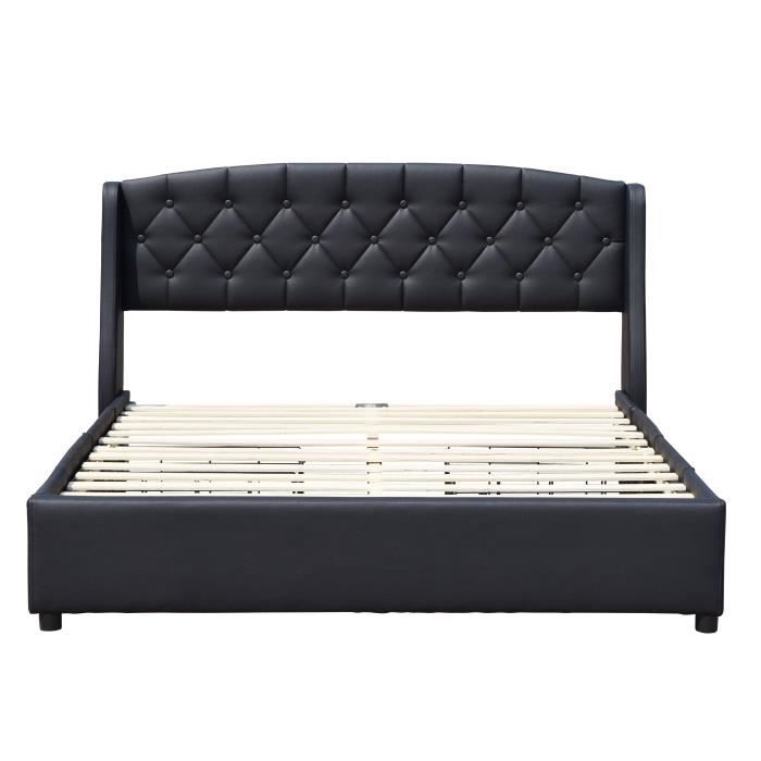 Iris - Solide et Confortable Lit 160x200 avec Sommier avec 4 tiroirs Tete de lit Couleur NOIR Pieds en 4 cm - 2