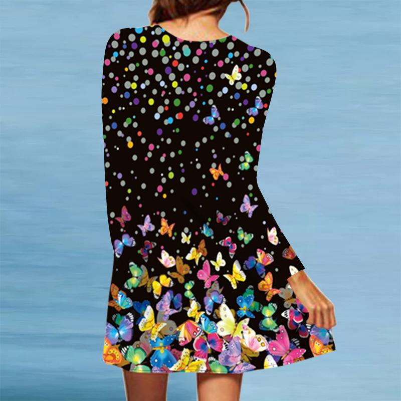 Women's Spring/summer Print Long-sleeved Dress V-neck Loose Swing Long-sleeved Mid-length Dress