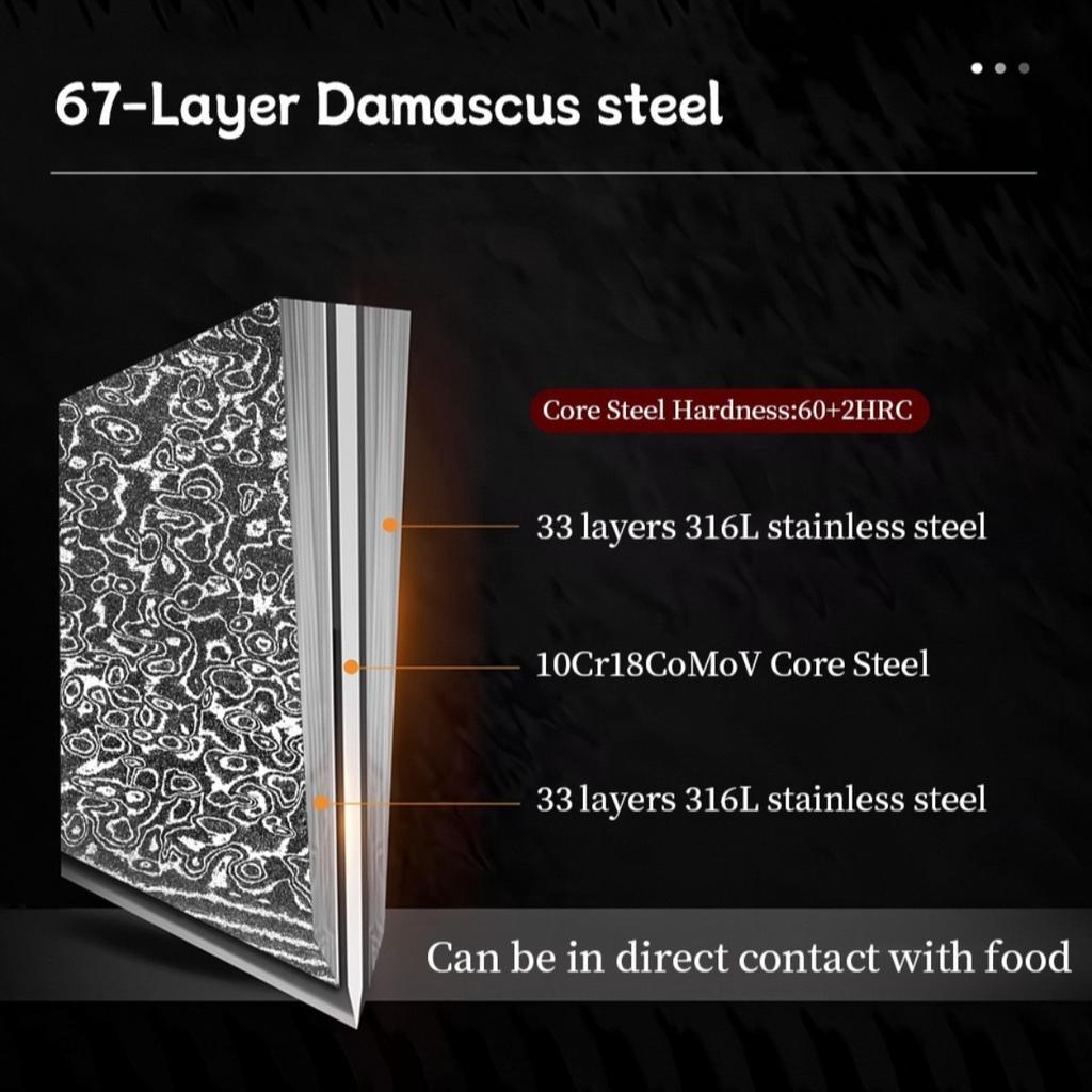 67-Layer Damascus Steel Kitchen Knife, 60-62 HRC High Hardness Sharp Slicing Knife, Vacuum Heat Treated Chef Knife for Fruit Vegetable Meat Prep