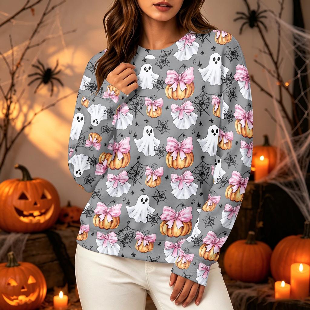 Women's Halloween Print Long Sleeve Neck Sweatshirt Top for Casual Wear