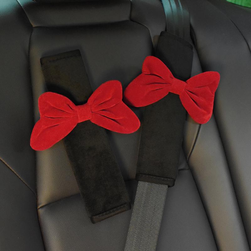 1pc Cute Red Bowknot Universal Car Safety Seat Belt Cover Soft Plush Shoulder Pad Styling Seatbelts Car Mirror Case Accessories