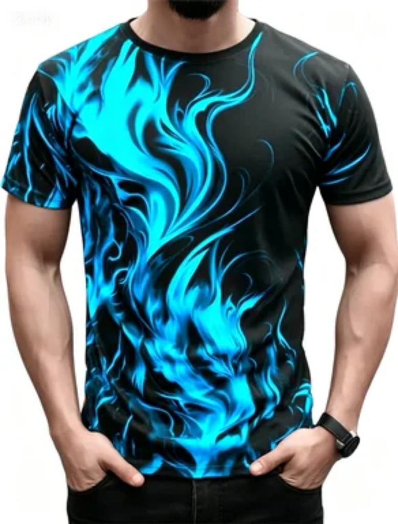 Fashionable Men's Trendy Short Sleeved Flame Series 3D Printed Street T-shirt Round Neck Casual Top