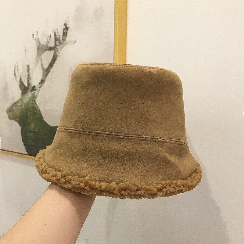 Double-sided Suede Lamb Wool Plush Warm Basin Hat Female Winter Solid Colr Balck Bucket Hat Women