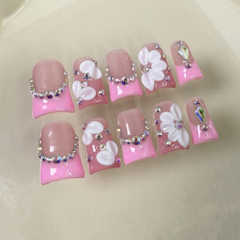 Sweet French Floral 3D Embossed Nail Tips Short Duckbill Shape Ice-Transparent Pure Desire Style Press-On Nails