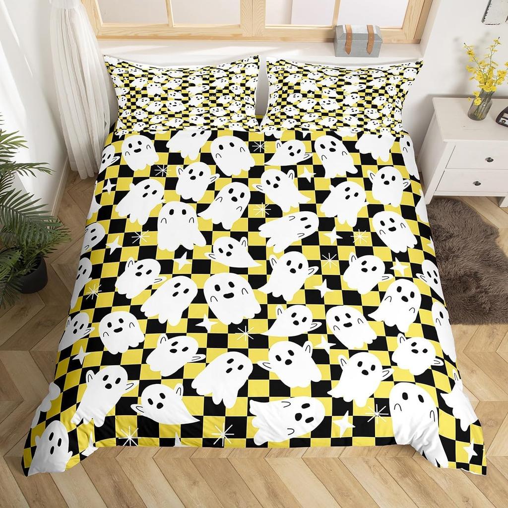 Ghost Duvet Cover Queen King Size Cartoon Cute Ghost Decorative Bedding Set for Kids Girls Teens Happy Halloween 3 Piece Set