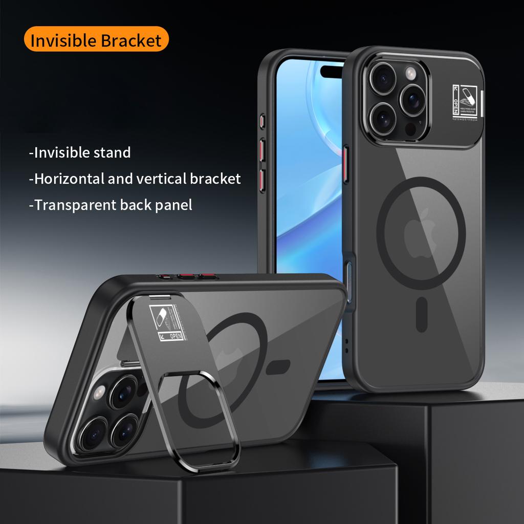 For iPhone 16 Pro Magnetic Case TPU+Acrylic Kickstand Phone Cover with Glass Lens Film