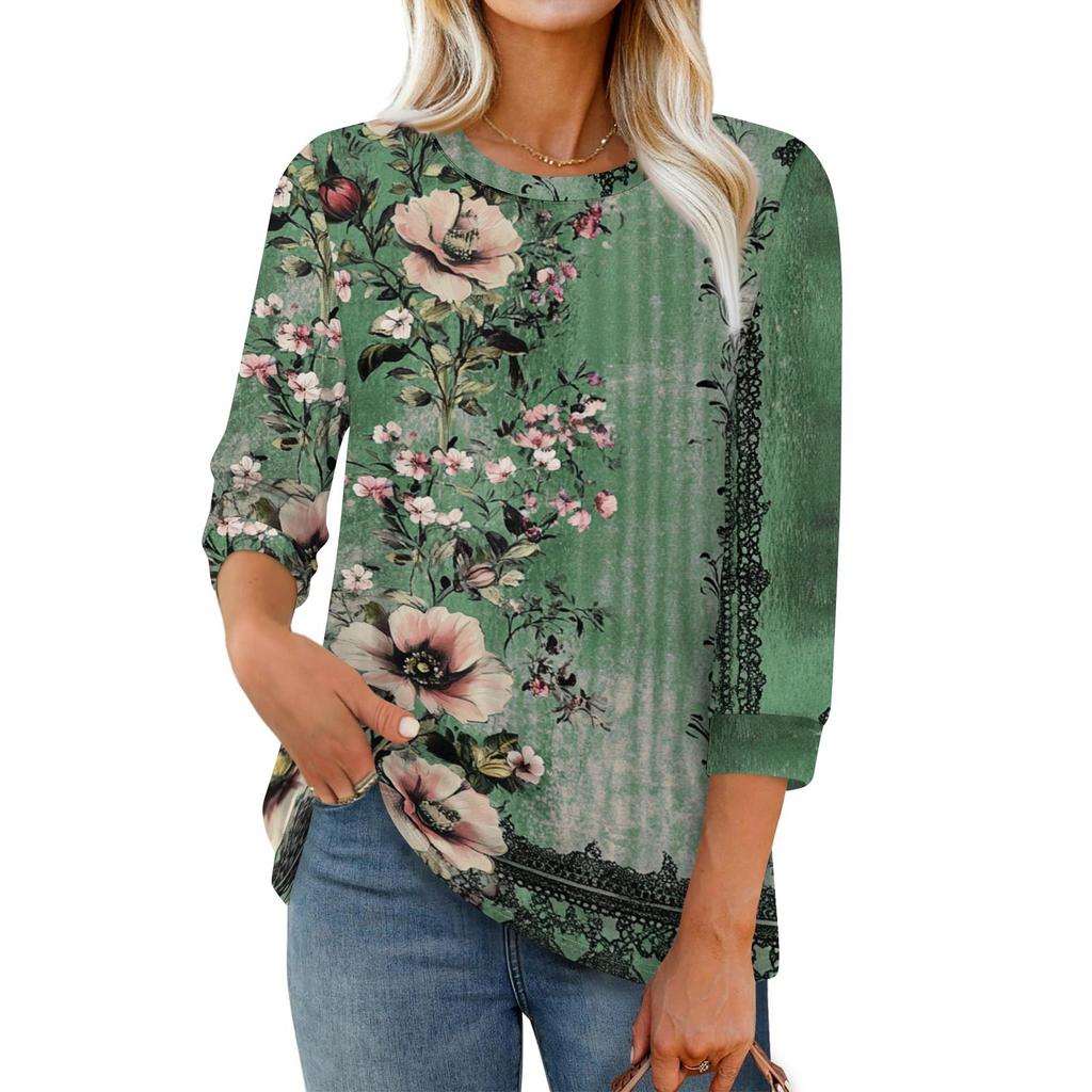 Women's Fashion Casual Round Neck 3/4 Sleeve Loose  Printed T-Shirt Ladies Top