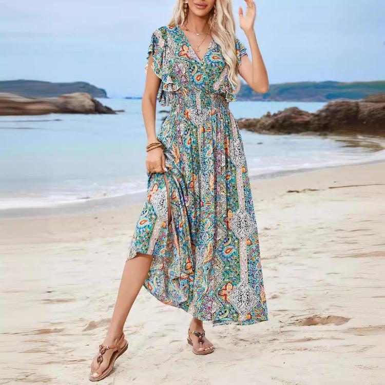 Dámské letní šaty s květinovým potiskem, výstřihem do V, volánovými krátkými rukávy, ležérní, s vysokým pasem, áčkového střihu, bez zad, s rozparkem, ke kotníkům, jarní šaty