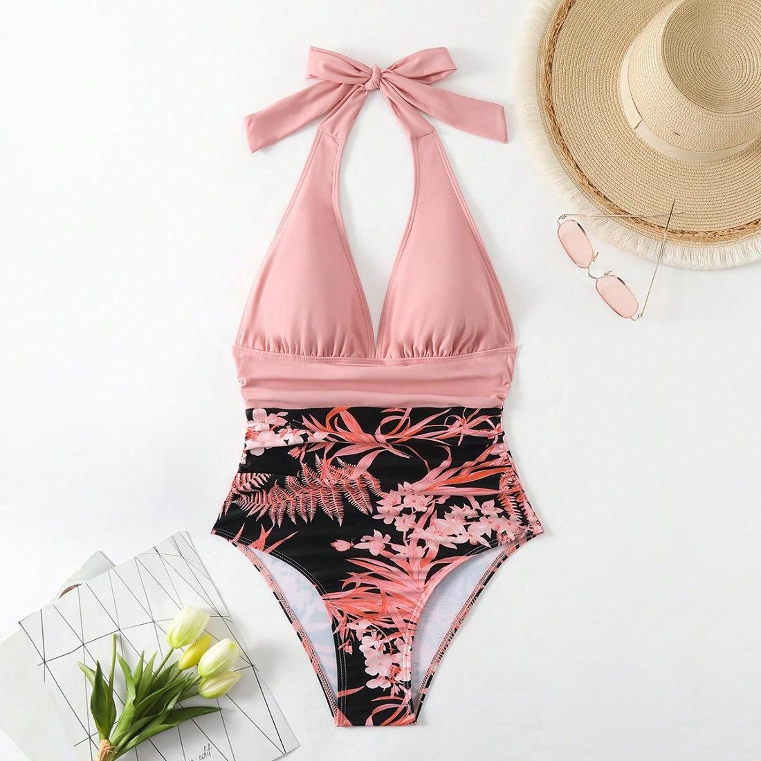 Sexy leopard print suspender women s one-piece swimsuit beach hot spring European and American bikini S
