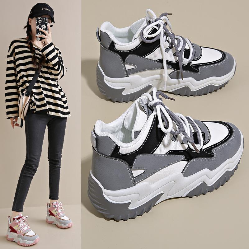 Autumn women's shoes new breathable high-top sports shoes children's Korean version versatile thick-soled heightening casual dad shoes trendy shoes