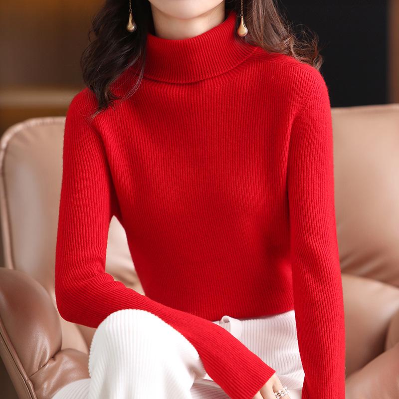 Women's High-Neck Pure Wool Sweater - Autumn/Winter Knitted Style, Stylish Tight-Fit Base Layer