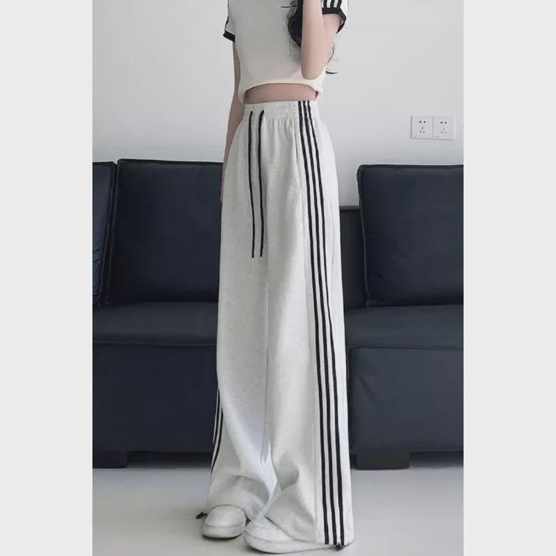 Women's Gray Striped Wide-Leg Sweatpants - Spring/Summer 2024 Fashion