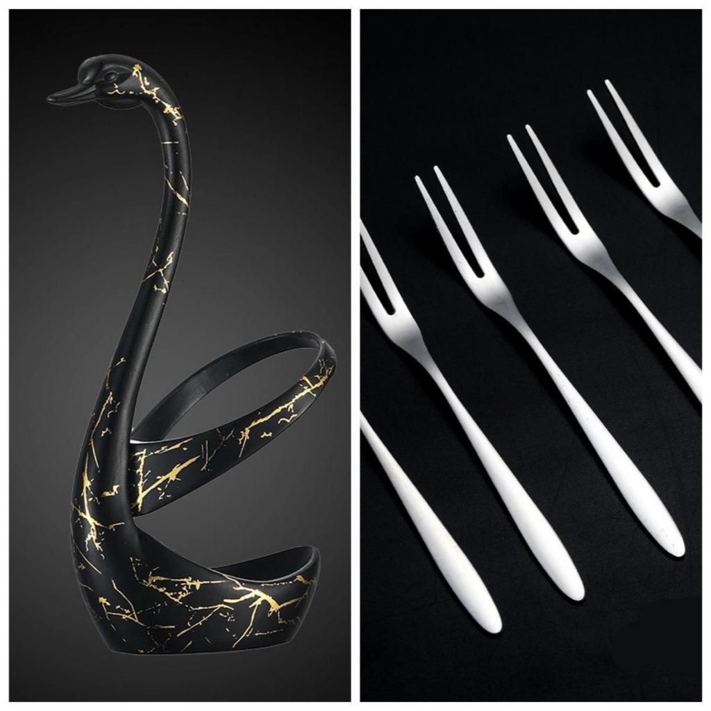 6pcs Set Stainless Steel Fruit Fork  Dessert Fork, Cake Two Tooth Fork, Creative Swan Base Tableware Storage Rack